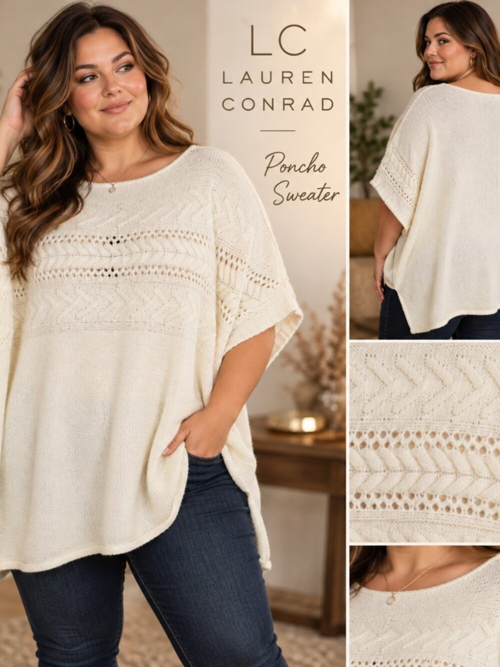LC Lauren Conrad Ivory Open Knit Vest/Poncho Sweater One Size Boho